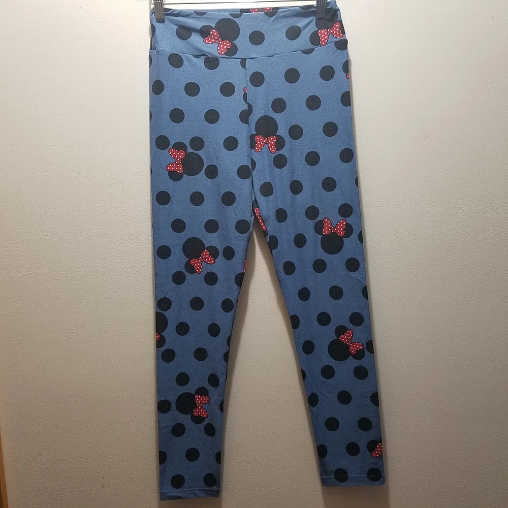 LuLaRoe x Disney Minnie Mouse Blue Leggings Polka Dots One Size Lounge Pants S M - Picture 5 of 9